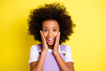 Portrait of pretty amazed cheerful wavy-haired girl enjoying great news isolated over bright yellow color background