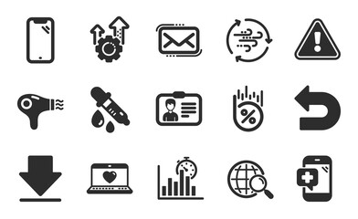 Web search, Downloading and Chemistry pipette icons simple set. Medical phone, Identification card and Report timer signs. Smartphone, Seo gear and Undo symbols. Flat icons set. Vector