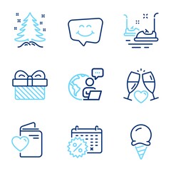 Holidays icons set. Included icon as Gift, Calendar discounts, Smile chat signs. Christmas tree, Bumper cars, Love document symbols. Wedding glasses, Ice cream line icons. Present, Shopping. Vector