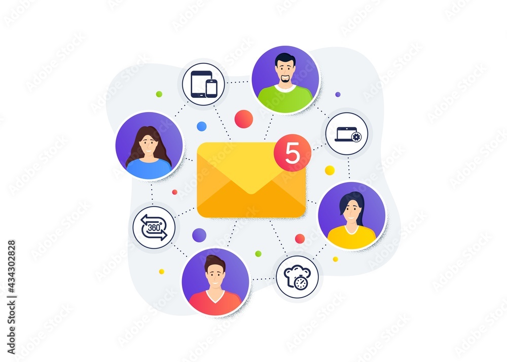 Poster notebook service, 360 degree and mobile devices icons simple set. teamwork messages banner. employee