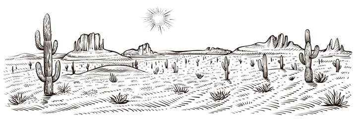 Fototapeten Desert landscape panorama, vector illustration. Line sketch. © airmel