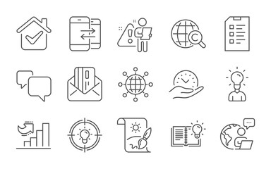 Idea, Education and International globe line icons set. Safe time, Growth chart and Product knowledge signs. Checklist, Phone communication and Creative painting symbols. Line icons set. Vector