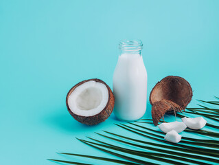 Coconut vegan milk non dairy in bottle with palm leaf and coconut halves on vibrant blue...