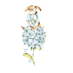 Watercolor summer cartoon print. Hand painted cute bunny, hydrangea, butterfly, ladybug. Leaves, flowers, character isolated on white background. illustration for design, print