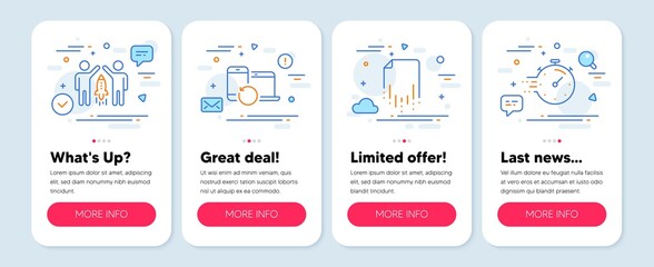 Set of Education icons, such as Recovery file, Recovery devices, Partnership symbols. Mobile screen mockup banners. Timer line icons. Backup document, Backup data, Business startup. Vector