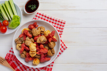 Meat ball variety type of meat on the white wooden background.