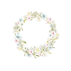 Obraz na płótnie Canvas Watercolor floral wreath. Hand painted frame of greenery, blue berries,white wildflowers, herbs. Leaves, flowers isolated on white background. Botanical illustration for design, print