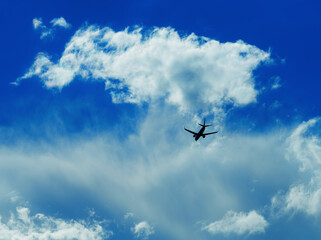 Flying jet in blue skies travel background