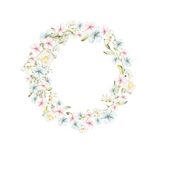 Watercolor floral wreath. Hand painted frame of greenery, blue berries,white wildflowers, herbs. Leaves, flowers isolated on white background. Botanical illustration for design, print