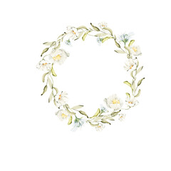Watercolor floral wreath. Hand painted frame of greenery, blue berries,white wildflowers, herbs. Leaves, flowers isolated on white background. Botanical illustration for design, print