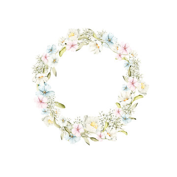 Watercolor floral wreath. Hand painted frame of greenery, blue berries,white wildflowers, herbs. Leaves, flowers isolated on white background. Botanical illustration for design, print