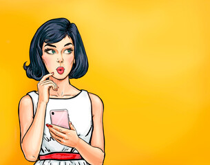 Thinking young sexy woman  looking up on empty space  with smartphone.Pop Art girl is thought and holding hand near the face - 434304658