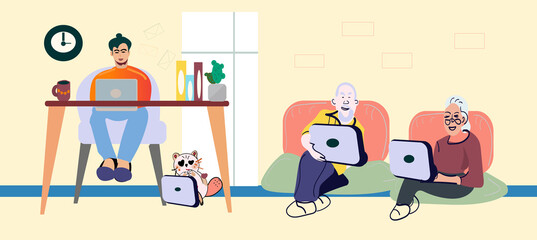 Naklejka premium Senior Couple Male and Female Characters Sitting at Table Ignore Each other Chatting in Internet. Social Media and Gadget Addiction, Family Communication Problem. People Vector Illustration