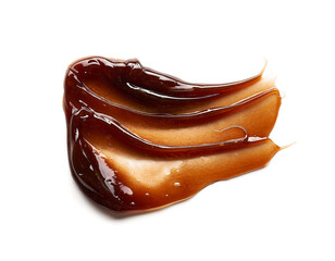 Chocolate colored gel smear and texture. Cosmetic gel or caramel syrup on white background