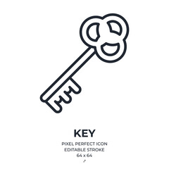 Key editable stroke outline icon isolated on white background flat vector illustration. Pixel perfect. 64 x 64.