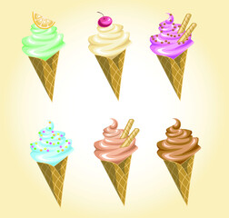 A set of ice creams pink, green, blue, chocolate, brown and vanilla color with cherry, orange and topping.