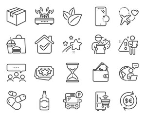 Business icons set. Included icon as Loyalty points, Wallet, Time hourglass signs. Parcel, Wifi, Whiskey bottle symbols. Smartphone recovery, Refrigerator, Honeymoon travel. Meeting. Vector