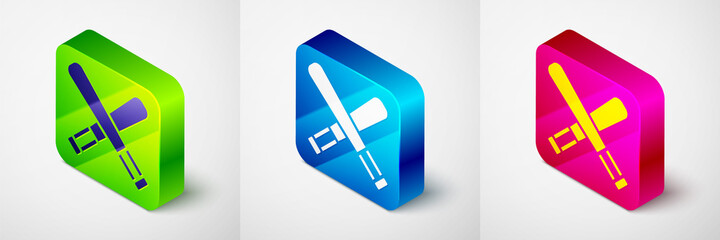Isometric Crossed baseball bat icon isolated on grey background. Square button. Vector