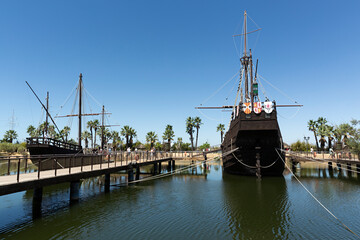 Réplica de las carabelas de Cristóbal Colón en el puerto de Palos de la Frontera, Huelva.