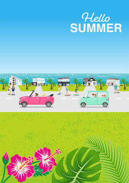 Car Driving In The Seaside Residential Area - Summer Landscape, Vertical, Included Words 