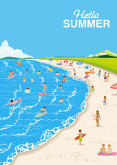 People enjoying sea bathing - Summer landscape, vertical, Included words "Hello SUMMER"