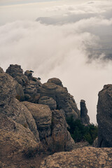 Grand stone pillars on the slopes of Mount Demerdzhi. Valley of ghosts, Crimean Mountains.