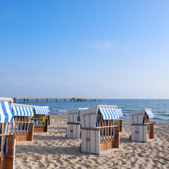 Sandy beach and beach chairs in Rugen, an island on the coast of Baltic Sea in Northern Germany....