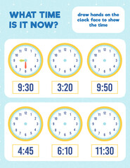 What time is it? Draw hands on the clock face. Time worksheet practice print page.