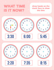 What time is it? Draw hands on the clock face. Time worksheet practice print page.
