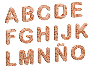 3d illustration of natural wooden alphabet. Letters from A to O in uppercase, cut out on white background.
