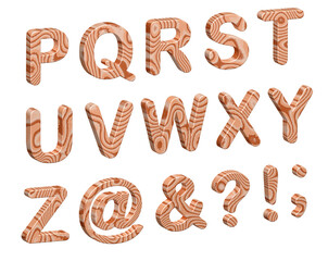 3d illustration of natural wooden alphabet. Uppercase letters from P to Z and special signs, cut out on white background.