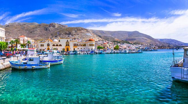 Fototapeta beautiful Greek islands - scenic Kalymnos with authentic beauty.Pothia capital city and port. Dodekanese, Greece may 2019