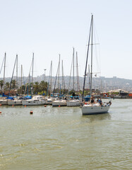 Obraz premium Berth parking with a large number of yachts in the Mediterranean Sea at the port of Haifa in Israel