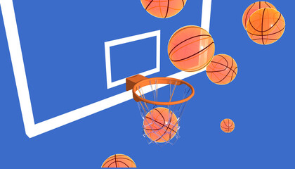 3d illustration of basketballs that go up to the basket and some score. Graphic representation with bright colors on a blue background. Top view