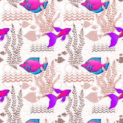 Tropical coral fishes and seaweed seamless pattern. Exotic ocean creatures surface pattern design. Marine animals endless texture. Underwater fauna boundless background. Sea life editable tile.