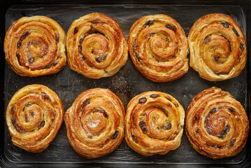 Homemade puff pastry cinnamon rolls with raisins placed on oven iron tray