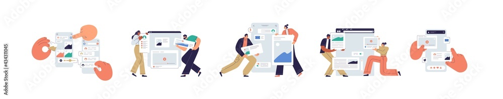 Fototapete Set of UI and UX designers creating functional web interface design for websites and mobile apps. Digital wireframing process concept. Colored flat vector illustration isolated on white background