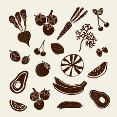 Vector set of hand-drawn retro vintage vegetables and fruits isolated for decoration and design. Brown, fresh, cute, cartoon, childish, trendy, modern freehand. Healthy vegetarian food sketch.