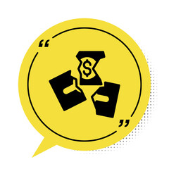 Black Tearing apart money banknote into three peaces icon isolated on white background. Yellow speech bubble symbol. Vector