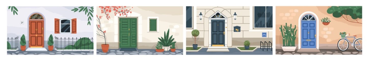 Front view of home walls with closed doors, windows with wooden shutters, mailboxes, potted plants, lanterns and bicycle parkings. Colored flat vector illustrations of doorways, building entrances