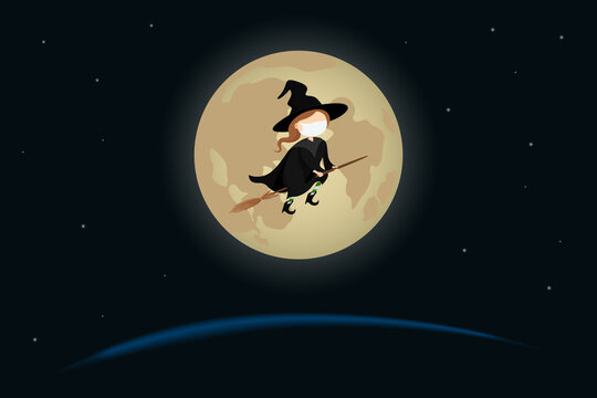 Witch in mask flying on broomstick. Vector illustration.