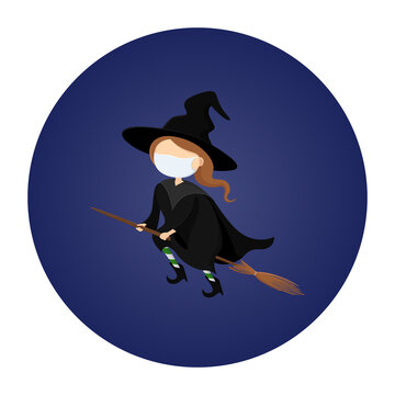 Witch in mask flying on broom. Vector icon.