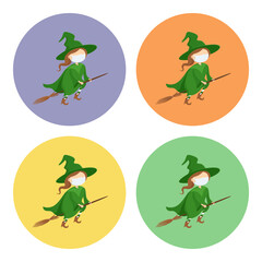 Witch in protective mask flying on broomstick. Icon set. Vector illustration.