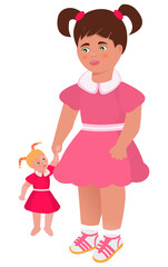 Girl with a doll. Cartoon style. Vector. Close-up. Can be used for childrens illustrations, postcards, greetings, web collage designs.