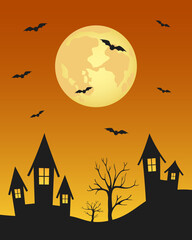 Bats flying over night town. Full moon. Vector illustration.