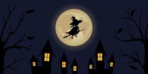 Witch flying on broom over night town. Medical masks hanging on trees. Vector illustration.