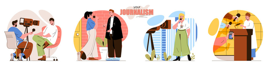 Your Journalism concept scenes set. Journalists interviewing, reporters reporting, news programs, press conferences. Collection of people activities. Vector illustration of characters in flat design