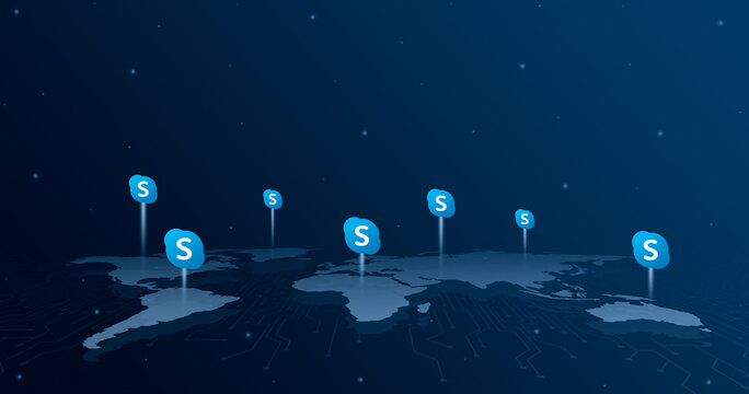 Skype logo icons over all continents of the world map 3d
