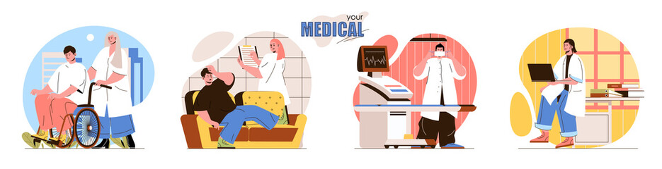 Your Medical concept scenes set. Nurse assists disabled person in wheelchair, doctor diagnoses disease, making tests. Collection of people activities. Vector illustration of characters in flat design