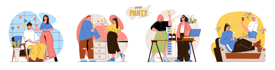 Your Party concept scenes set. Happy friends celebrating, dancing, drinking, having fun together. Festive decoration. Collection of people activities. Vector illustration of characters in flat design
